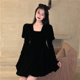 Stetnode Vintage Black Velvet Mini Dress Women Party Square Collar Dresses Ladies Korean Elegant Puff Long Sleeve Bodycon Vestidos