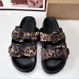 Stetnode Woman Leopard Flats Sandals Fashion Metal Buckle Female Beach Flat Slippers Slipper 2024 Summer New Outdoor Casual Shoes