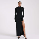 Stetnode Elegant Basic Long Sleeve Solid Hole Backless Slit Split Women'S Dresses Party Club Evening Wholesale Winter ClothesChristmas Gifts