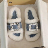 Stetnode Woman Fashion Rhinestone Buckle Slippers Blue Denim Fabric Peep Toe Slippers 2024 Autumn Winter Female Warm Cotton Slippers