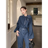 Stetnode Elegant Bow Denim Shirts Women Vintage Bandage Jeans Blouses Streetwear Korean Puff Long Sleeve Casual All Match Tops New