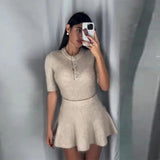 Stetnode outfit Women Button Knit Top Skirt Suit 2024 Chic New Autumn Wool Half Sleeve Slim Vestido Skirt Set Lady Commute Casual Knitted Outfit