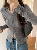 Stetnode Solid Lapel Neck Slim Long Sleeve Knit