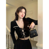 Stetnode Vintage Knitted Cardigan Women Bow V Neck Cropped Sweaters Korean Elegant Slim Knitwear Y2K Black Casual Jumpers Coats New