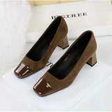 Stetnode Woman Vintage Suede High Heels Brown Square Head Heels Shoes Female Mid Heeled Simple And Rough Heeled Women's Singles Shoe