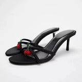 Stetnode Summer Women Cherry Bead String High Heel Sandals Sexy Round Toe Peep Toe Padded Slider Sandals Female Stilettos High Heels