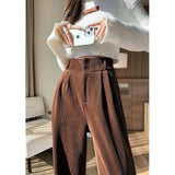 Stetnode Corduroy Wide Leg Pants Women Vintage Black Fleece Baggy Pants Winter Streetwear Korean High Waist Straight Trousers New