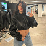 Stetnode Spring Outfits Women's Pu Leather Crop Hoodie Jackets Street Long Sleeve Zipper Black Outerwears 2025 Autumn New Fashion Bomber Jacket Coats