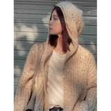 Stetnode Elegant Hooded Knitted Cardigan Women Sequin Sweater Coat Streetwear Oversized Knitwear Korean Loose All Match Jumper Tops