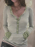 Stetnode Green Vintage Button Front Striped Ribbed Knit Top