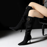 Stetnode Woman Apricot Suede Heels Boots Fashion Pleated Buckle Strap Knee High Long Boots Autumn Female Pointed Toe Long Leg Knight Boot