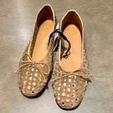 Stetnode Women Fashion Rhinestone Rivet Mesh Sandals Round Toe Shallow Mouth Breathable Ballet Flats Elegant Comfy Mules Shoes