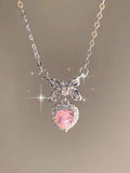 Stetnode Sweet Glittering Bow Pink Heart Pendant Necklace