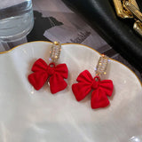 Stetnode Christmas Red Bow Drop Earring For Women Temperament Heart Flocking Bowknot Christmas Earring Girls New Year Festival Jewelry