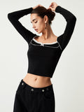 Stetnode 2024 New Fahion Spring Outfit Contrast Trim Lace Long Sleeve Crop Top