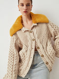 Stetnode 2024 New Fashion Spring Outfit Patchwork Fuzzy Collar Oversized Knit Cardigan