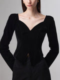 Stetnode 2024 New Fashion Spring Outfit Sweetheart Velvet Long Sleeve Slit Blouse