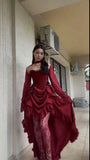 Stetnode Elegant High Low Strapless Burgundy Satin Prom Dress Birthday Outfits With Sleeves C3533