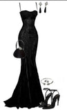 Stetnode Elegant Mermaid Spaghetti Straps Black Lace Long Prom Dress Birthday Outfits C3536