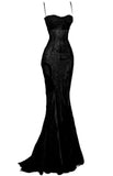 Stetnode Elegant Mermaid Spaghetti Straps Black Lace Long Prom Dress Birthday Outfits C3536