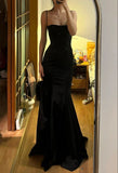 Stetnode Elegant Mermaid Spaghetti Straps Black Satin Long Prom Dress Birthday Outfits C3541