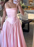 Stetnode Elegant A Line Straps Pink Satin Long Length Prom Dresses Birthday Outfits C3553