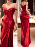 Stetnode Vintage Sheath Off The Shoulder Red Satin Long Length Prom Dresses Birthday Outfits C3564