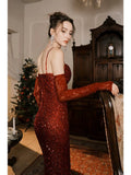 Stetnode Elegant Mermaid Spaghetti Straps Burgundy Sequin Ruffles Prom Dresses Party Dresses C3575