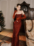 Stetnode Elegant Mermaid Spaghetti Straps Burgundy Sequin Ruffles Prom Dresses Party Dresses C3575