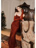 Stetnode Elegant Mermaid Spaghetti Straps Burgundy Sequin Ruffles Prom Dresses Party Dresses C3575