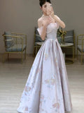 Stetnode Elegant A line Off The Shoulder Satin Floral  Evening Dress Long Prom Dresses C3576