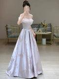 Stetnode Elegant A line Off The Shoulder Satin Floral  Evening Dress Long Prom Dresses C3576