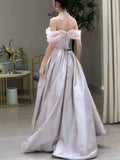 Stetnode Elegant A line Off The Shoulder Satin Floral  Evening Dress Long Prom Dresses C3576