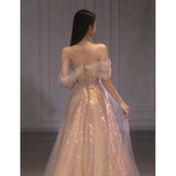 Stetnode Elegant A line Off The Shoulder Sequin Pink Evening Dress Long Prom Dresses C3578