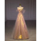 Stetnode Elegant A line Off The Shoulder Sequin Pink Evening Dress Long Prom Dresses C3578