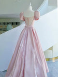 Stetnode Elegant A line Square Neckline Satin Short Sleeves Pink Evening Dress Long Prom Dresses C3579