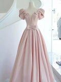 Stetnode Elegant A line Square Neckline Satin Short Sleeves Pink Evening Dress Long Prom Dresses C3579