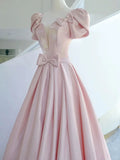 Stetnode Elegant A line Square Neckline Satin Short Sleeves Pink Evening Dress Long Prom Dresses C3579