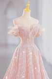 Stetnode Elegant A line Off The Shoulder Sequin Pink Evening Dress Long Prom Dresses C3580