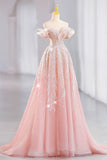 Stetnode Elegant A line Off The Shoulder Sequin Pink Evening Dress Long Prom Dresses C3580