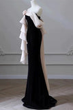 Stetnode Elegant Mermaid Strapless Black Velvet Flowers Ruffles Prom Dresses Party Dresses C3582