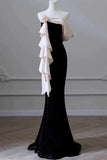 Stetnode Elegant Mermaid Strapless Black Velvet Flowers Ruffles Prom Dresses Party Dresses C3582