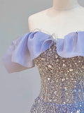 Stetnode Elegant Ball Gown Off The Shoulder Lilac Short Sleeves Sequin Evening Dress Long Prom Dresses C3583