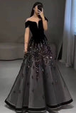 Stetnode Elegant Ball Gown Off The Shoulder Black Short Sleeves Sequin Evening Dress Long Prom Dresses C3584