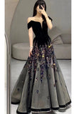 Stetnode Elegant Ball Gown Off The Shoulder Black Short Sleeves Sequin Evening Dress Long Prom Dresses C3584