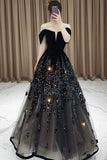 Stetnode Elegant Ball Gown Off The Shoulder Black Short Sleeves Sequin Evening Dress Long Prom Dresses C3584