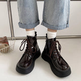 Stetnode Fall Aesthetic Lacquered Lace Up Boots