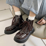 Stetnode Fall Aesthetic Lacquered Lace Up Boots