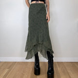 Stetnode Elegant Lady Irregular High Waist Midi Skirts Grunge 2000s aesthetic Ruffles Chiffon Skirt Vitnage Streetwear Green Clothes