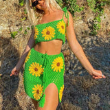 Stetnode Y2K Floral Crochet Crop Cami Top and High Waist Split Skirt Summer Knitted Suit Beach Vacation Two Piece Set Women Outfits